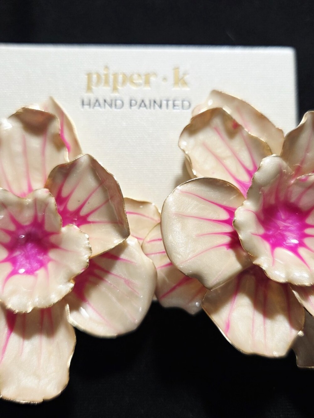 NWT Piper K big Pink Flower Earrings Hand Painted.